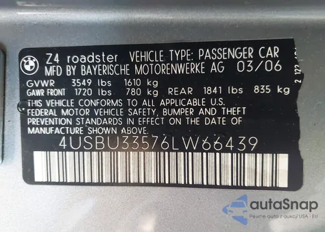 2006 BMW Z4 3.0I из США, поврежденный, VIN 4USBU33576LW66439